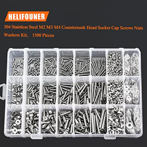 HELIFOUNER 1500 Pieces M2 M3 M4, 304 Stainless Steel Countersunk Head Socket Cap Metric Screws Bolts Washers Nuts Hardware Assortment Kit with Hex Wrenches - style: Countersunk Head