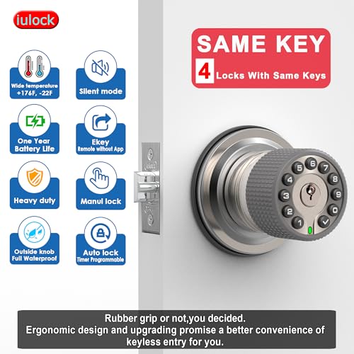iulock Smart Door Knob with Keypad and Key,Keyless Entry Door Lock with Rubber Grip, Auto Lock,50 User Code,Waterproof, Easy to Install and Program for Bedroom(Stain Nickel Same Key 4 Pack) - color: Stain Nickel Same Key 4 Pack