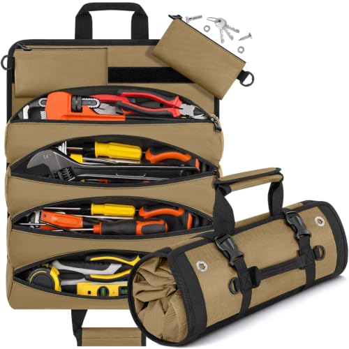 ANILD 15.5 Inch Extra Long Tool Bag Roll Up, Roll Up Tool Bag Organizer - color: Khaki, size: Large