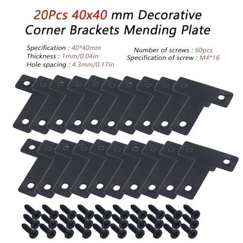 20-Pack Steel T-Shape Mending Plate Corner Brace 1.57 Inch for Wood - size: T Black 40x40 mm