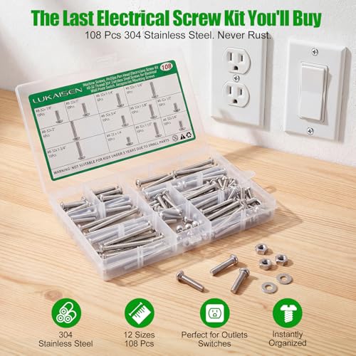 108 Pcs #8-32 Phillips Pan Head Machine Screws Kit, 304 SS | For Electrical Outlet, Switch Plate, Junction Box, Furniture Repair, 12 Sizes (1/4" To 2"), Clear Label Storage Box,Anti-Rust - size: SS 108Pcs #8-32（1/4" to 2" ） Pan