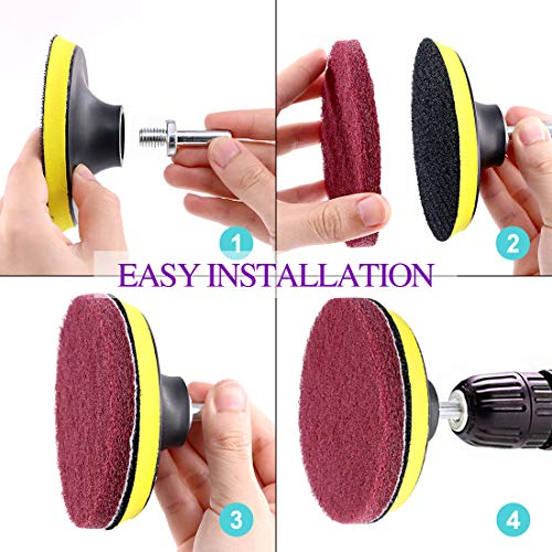 Swpeet 16Pcs 4Inch 3 Different Color Scrubbing Pads Drill Powered Brush Tile Scrubber Scouring Pads Cleaning Kit, Abrasive Buffing Pads Replacement with 1 Pcs Hook Attachment for House Cleaning