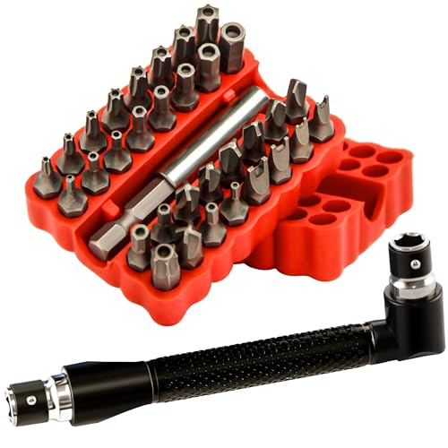 34pcs Security Bit Set 1/4 Inch Hex Shank Screwdriver Bit Set,Tamper Proof Bits-Torx+Hex+Tri Wing+Star+Spanner for Torx Security Screwdriver Set,High Hardness Impact Driver Bit Set(Red+Wrench) - color: Red+wrench