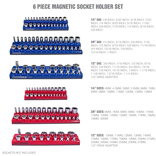 OEMTOOLS 6-Pc Metric & SAE Magnetic Socket Tray Set Holds 143 Sockets | Magnetic Socket Organizer Tray, Non-Marring Rubberized Base, Clearly Marked Sizes, 1/4, 3/8, 1/2 Inch Sockets - style: Red and Blue