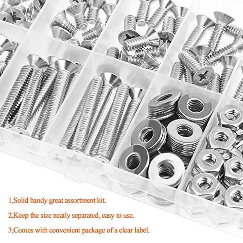 HELIFOUNER 140 Pieces #10-24 Phillips Countersunk Head Machine Screws Nuts Washers Assortment Kit, Coarse Thread, Fully Machine Threaded, 304 Stainless Steel - size: #10-24