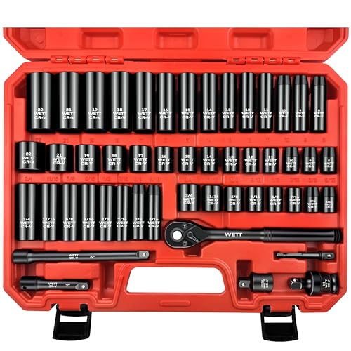 WETT 50Pcs 3/8" Drive Impact Socket Set, SAE/Metric, Deep/Shallow Sockets, with Adjustable Ratchet Handle, Extension Bar, Universal Joint, Adapter & Reducer, Cr-V Steel,(5/16"-3/4", 8-22mm) - size: 3/8" Drive Impact Socket Set (50pcs)