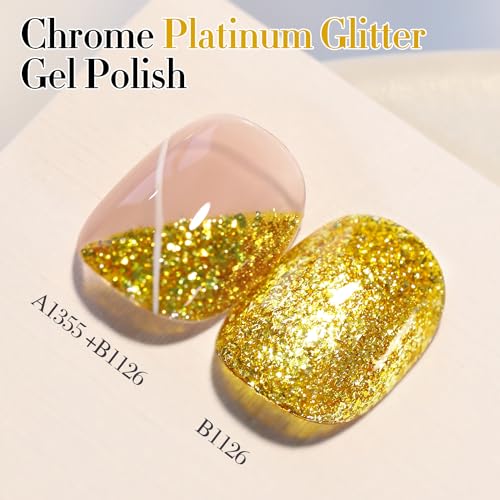 Double Rhythm 15ML Glitter Gel Polish Shimmer Reflective Holographic Color Magnetic for Nail Art Salon DIY at Home (Golden Chunky-B1126) - color: Hot Gold