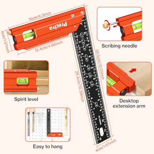 Preciva 12" Aluminum Carpenter Square (1/16" Scale)- Multifunctional Right Angle Ruler with Level Bubble - Angle Guides for Woodworking, Framing & DIY