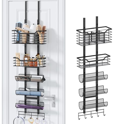 Consumest 6-Tier Hair Tool Organizer - Hair Dryer Holder Over The Door/Wall Mounted DIY Adjustable Shelf Bathroom Door Organizer with Hook for Curling Iron/Blow Dryer/Straightener Black