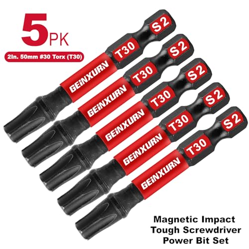 Geinxurn 5 Pieces T30 2 In. Impact Tough Magnetic Insert Bit Set, #30 Torx Head Power Bits, S2 Alloy Steel Star T30 Screwdriver Bits Set - size: 2"-5PCS, style: T30