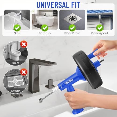 BULLTOOLS Drain Auger, 25FT Drain Clog Remover with Drill Adapter, Flexible Snake Drain Hair Removal Tool for Kitchen Sink, Bathtub, and Shower Comes with Gloves and Storage Bag