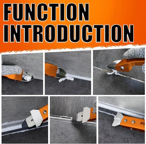 4 in 1 Silicone Caulking Tool Kit, Stainless Steel Caulk Remover Tool | Durable Construction, Quick & Easy to Use, 5 Replaceable Silicone Pads, Protective Gloves, Remove, Apply & Finish Caulk - color: Orange