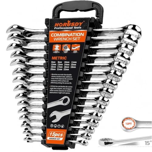 HORUSDY 15-Piece Metric Wrench Sets, Premium Combination Wrench Set Metric 8-22mm, Max Torque, 12-Point, Chrome Vanadium Steel, with Storage Rack - style: 15-Piece Metric Wrench Set