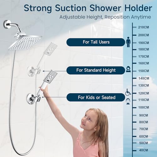 BRIGHT SHOWERS Handheld Shower Head Holder with Dual Angle Positions, Wall Suction Bracket Includes Adhesive 3M Disc, No Tools Required and Easy Installation, Chrome Finish - color: Chrome, style: Suction & Adhesive - 2 Angles