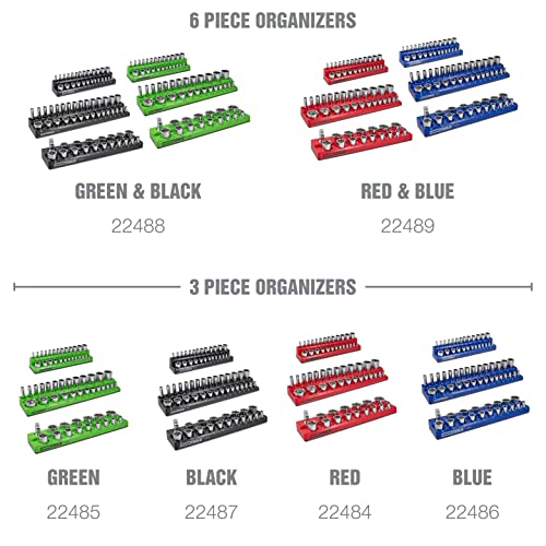 OEMTOOLS 6-Pc Metric & SAE Magnetic Socket Tray Set Holds 143 Sockets | Magnetic Socket Organizer Tray, Non-Marring Rubberized Base, Clearly Marked Sizes, 1/4, 3/8, 1/2 Inch Sockets - style: Red and Blue