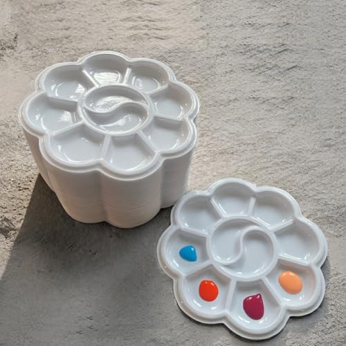 50Pcs Disposable Paint Tray Palettes Flower Plastic Painting Palettes Watercolor Paint Artist Craft Palettes Tray for Oil Paint, Gouache, Acrylic, Watercolors Mixing and Separating Colors, White