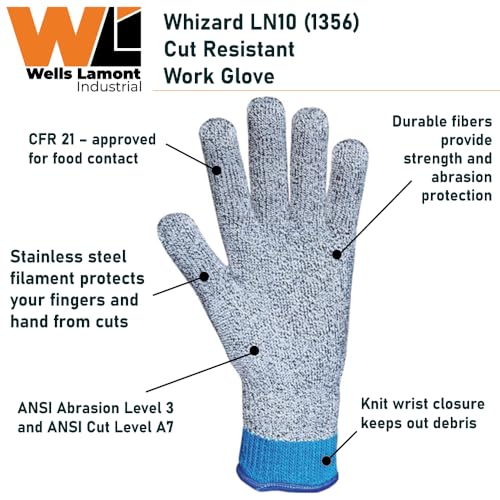 Wells Lamont Whizard LN10 Cut Resistant Gloves (1356) – ANSI Cut Level A7 – Food Safe Gloves - size: XX-Large, style: Single