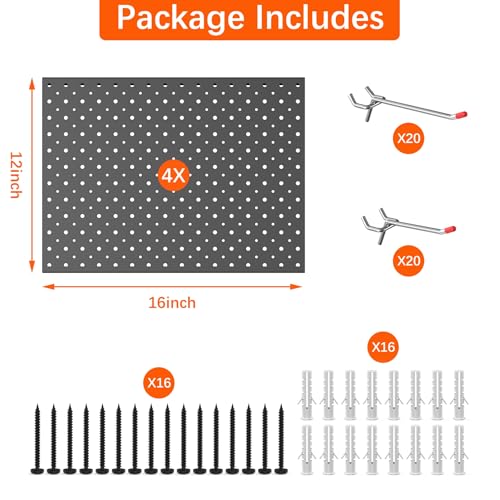 TORACK Metal Pegboard Panels and Hooks, Tool Organizer Peg Board, Black - color: Black