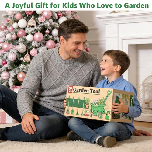 VICHTOP 10Pcs Kids Gardening Tools Set - Wheelbarrow Toys with Shovel, Rake, Hoe and Leaf Rake for Outdoor Backyard Play, STEM Educational Toys, for Toddler Boys & Girls Ages 3 4 5