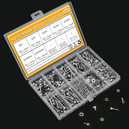 565 Pieces M3 Screws Nuts Washers Set, Sutemribor M3 x 4/6/8/10/12/16/20mm Hex Socket Head Cap Screws Nuts Washers Assortment Kit, 304 Stainless Steel, Fully Threaded - size: M3, style: Socket Head