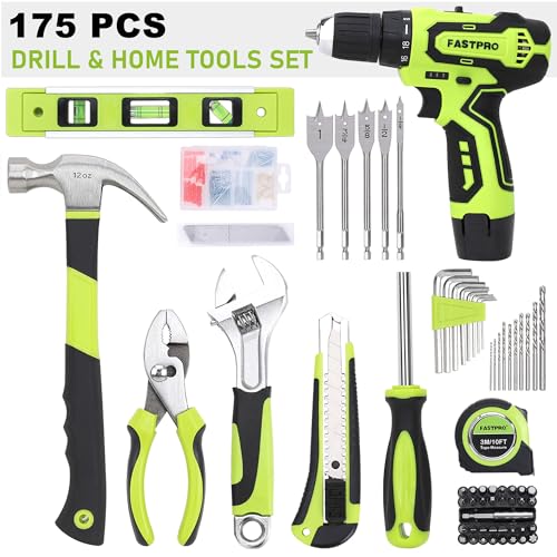 FASTPRO 12V Cordless Drill Set, Home Tool Kit with Bag, Green - color: Green
