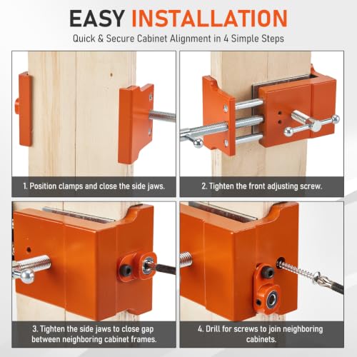 4 Pack Orange Cabinet Clamp, Heavy Duty Aluminum & Steel Cabinet Hardware Jig, Cabinet Install Clamping Tool with Drill Guides EVA Pads for Perfect Cabinet Frame Alignment Woodworking Installation