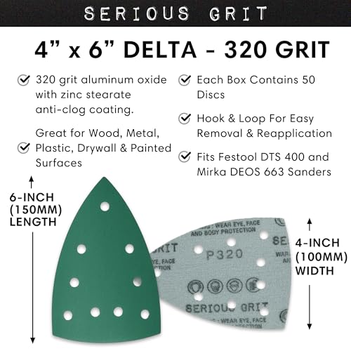 Serious Grit - 4" x 6" Delta P320 Grit Sanding Sheets - 50 Pack Box | Fits Festool DTS 400 & Mirka DEOS Delta Sanders - Heavy-Duty Hook & Loop Wet/Dry Film Sandpaper for Detail Work - size: 320 Grit