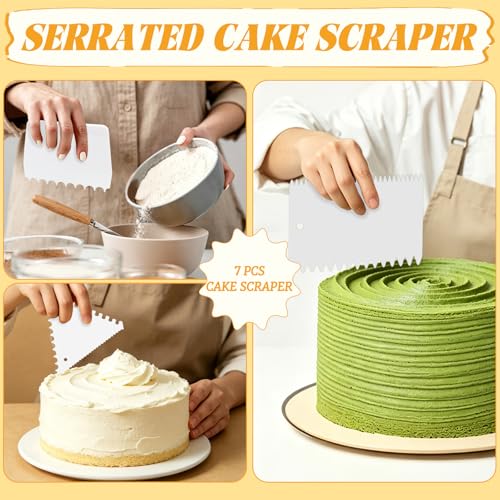LNAUJS 7-Piece Cake Scraper and Smoother Set, Plastic Cake Decorating Tools Kit for Buttercream Icing, Fondant, Cookies, Pizza Dough & Baking - Multi-Purpose Cake Scraper and Kitchen Utensils (White)