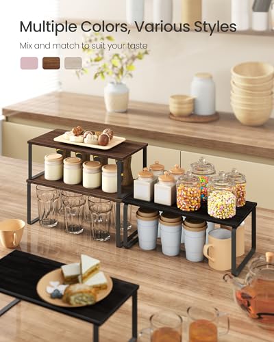 SONGMICS Cabinet Organizer Shelf, Set of 2 Spice Rack, Kitchen Storage - color: Natural Walnut + Matte Black, size: 15.6"w