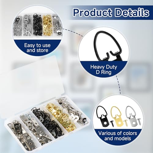 180 PCS D-Ring Picture Hangers Kit, 60 Single Hole & 20 Double Hole Hangers with 100 Screws, 40 lb Load Heavy Duty Picture Hanging Hardware for Picture Frame Mirrors Canvas - size: Multi-Color