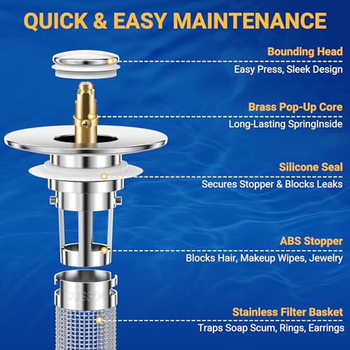 Bathroom Sink Drain Strainer, Pop-Up Bathroom Sink Stopper with Removable Stainless Steel Hair Catcher Basket, Universal Fit for US Bathroom Sinks, Showers & Floor Drains (1pcs) - color: 1pcs