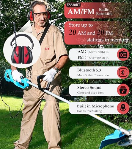 AM FM Radio Hearing Protection Earmuff, Bluetooth 5.4, 30SNR - color: Am/Fm+ Bluetooth-red