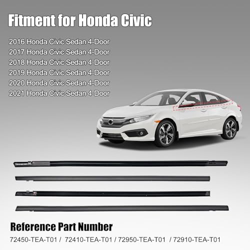 Window Molding Trim for 2016-2021 Honda Civic 4-Door Sedan | 4PCS Black Rubber Weatherstrip Seals, Replaces #72450-TEA-T01, Built-in Metal Layer, No Modifications Needed - size: 2016-2021 Honda Civic