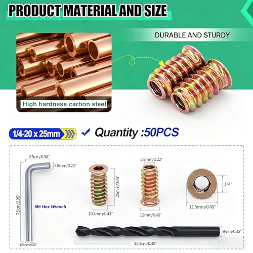 Twidec/50PCS 1/4"-20 Threaded Inserts for Wood Furniture Screw-in Nut Wood Inserts Bolt Assortment Kit with M6 Hex Wrench (1/4"-20 x25mm) N-059-1/4x25 - size: 1/4"-20 x 25mm (50 PCS)