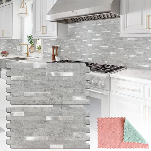 StyloVue 20 Sheets Peel and Stick Backsplash for Kitchen, Slate Gray with Metal Silver Look Stick on Tile Upgrade Your Kitchen Backsplash, RV, Fireplace - color: Slate Gray With Metal Silver
