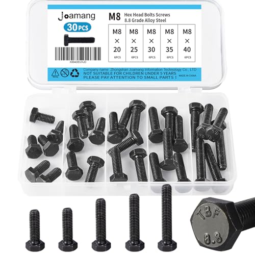 M8 x 20mm 25mm 30mm 35mm 40mm Hex Bolts, Hexagon Head Screw, 8.8 Grade Alloy Steel, Black Oxide Finish, Metric Full Machine Thread, Assortment Kit 30PCS - size: M8x20-40mm(30PCS)