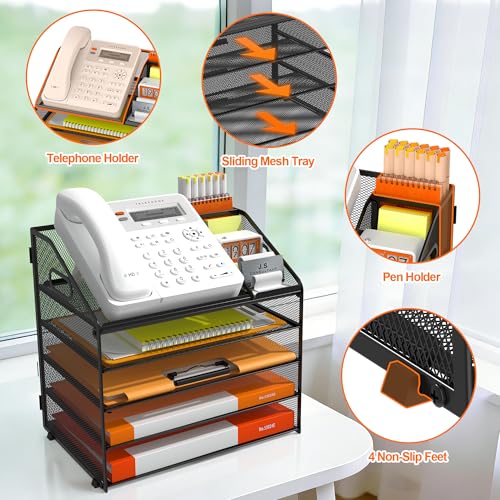 DocNest 5 Tier Metal Mesh Desk File Organizer with Phone Shelf, Black - color: Black, size: 12.6" x 9.1" x 13.3"