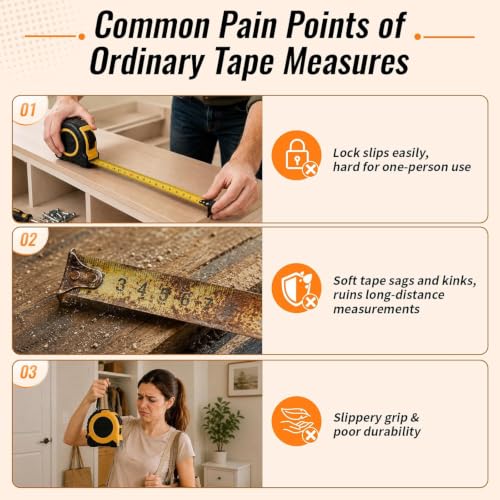 GRENPRO Self-Locking Tape Measure, 10ft/3m Dual Scale, Stiff Blade Orange - color: Orange