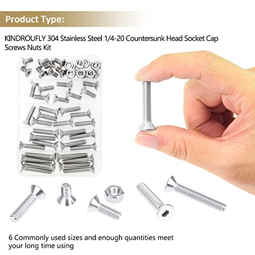 52 Pieces 1/4-20 x 1/2", 3/4", 1", 1-1/4", 1-1/2", Countersunk Head Socket Cap Screws Nuts Assortment Kit, 304 Stainless Steel, Fully Machine Thread - size: 1/4"-20, style: Countersunk Head