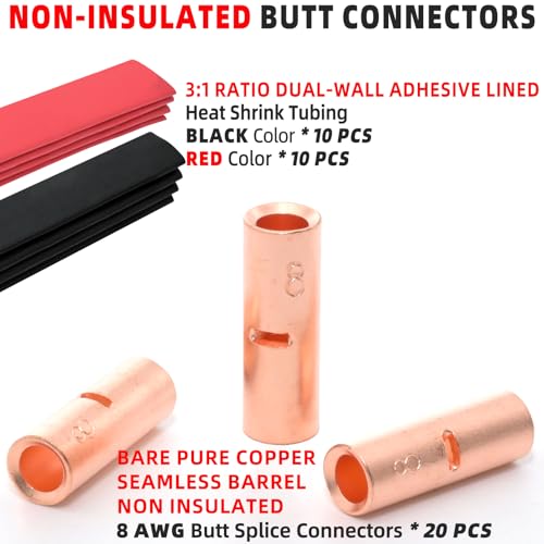 BAALA 20 PCS 8 Gauge Non-Insulated Butt Connectors Kit Bare Copper, 20PCS Seamless Barrel Crimp Butt Splice Connector Wire Connectors with 20PCS 3:1 Heat Shrink Tubes - color: Bare Copper