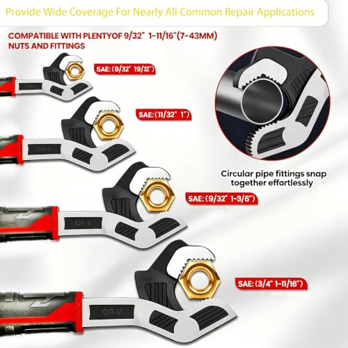 Self Adjusting Pipe Wrench, 6” 8” 10” 12" Pipe Wrench Set, Plumbers Wrench with Self Tightening Function for 9/32" to 1-11/16" (7-43mm) Pipe Fittings, Standard Nuts and Irregular Nut