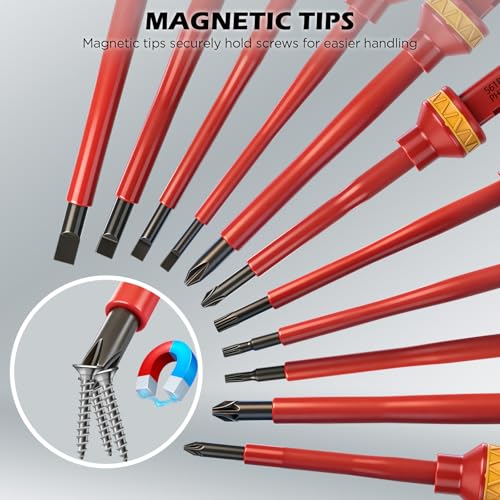 1000V Insulated Electrician Screwdriver Set - 13-Piece Professional Electrical Screwdriver Set Insulation Handle CRV Steel Magnetic Phillips Slotted Pozi Torx Tips VDE & GS Certified - color: 13 Pcs Vde Interchangeable Pro
