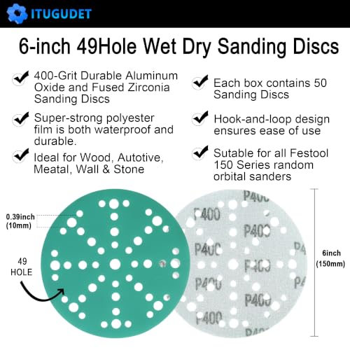 6 Inch 49 Hole Wet Dry P400 Grit Sanding Discs - 50 Pack Box - color: 400 Grit, size: 6 Inch 49 Hole