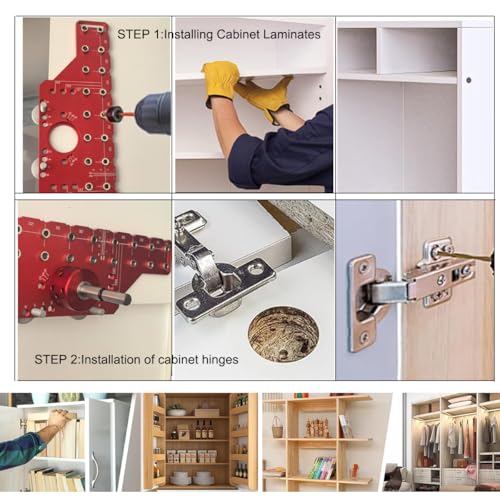 2 in 1 Shelf Pin Hinge Jig,Concealed Hinge Jig Drilling Jig with 35mm Hole Drill Bits,Self Contained Clamping All Metal Cabinet Hardware Tool Drill for Cabinet Door Hinge Hole Positioning (RED) - color: RED