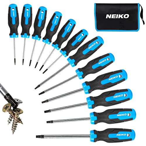 NEIKO 01377A Magnetic Torx Screwdriver Set | 12 Piece | T5 – T40 | 6 Point Star Head Driver | Heat Treated Chrome Vanadium Steel | Non Slip Cushioned Handle Grip | Magnet Bit Tip | Carrying Pouch - size: Torx Set