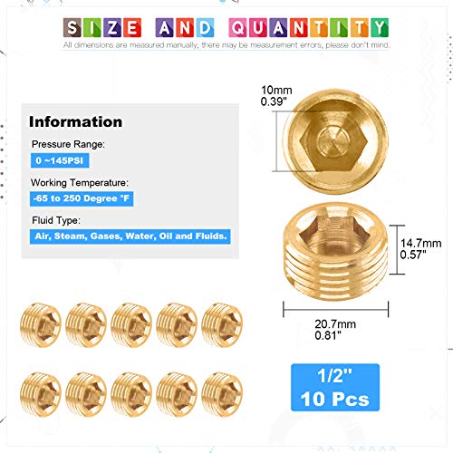Glarks 10Pcs Brass 1/2'' NPT Male Pipe Plug Fitting Set Internal Hex Thread Socket Pipe Plug Kit - size: 1/2''NPT