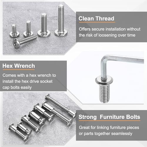HARFINGTON 10 Set M8x50mm Hex Drive Socket Cap Bolt and M8x18mm Nuts with M5 Hex Wrench, Furniture Connector Bolts and Screws for Furniture Countersunk Belt, Silver - size: M8x50mm, M8x18mm