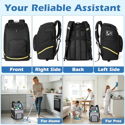 Rolling Cleaning Caddy Bag with Wheels, Large Cleaning Supplies Organizer Backpack with Detachable Trolley and Cleaning Apron for Housekeepers, Home, Hotel & Car Detailing - color: A01-black