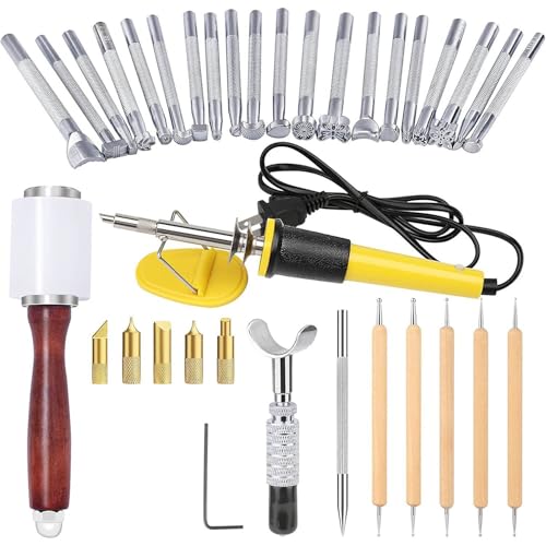 KIDENEI 36 PCS Leather Craft Set with Leather Pyrography Pen, Leather Stamping Tools Leather Carving Set Include Wood Burning Kit, Stamp Punch Set and Adjustable Swivel Knife for Leather Crafting - color: 36 Pcs