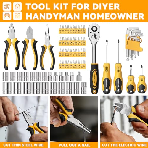199 Piece Tool Kit for Home,General Household/Auto Repair Tool Set,Basic Hand Tool Kit with Socket Wrench,Tool Box Case for Men,Perfect for Diyer Handyman Homeowner - color: Black and Yellow